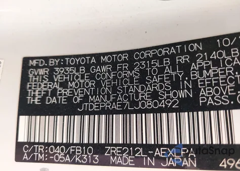 2020 Toyota Corolla Le from USA, damaged, VIN JTDEPRAE7LJ080492